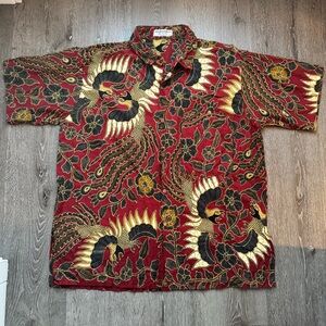 Bali Bagus Batik Red Gold Crane Print Button-Up Shirt XL Handmade